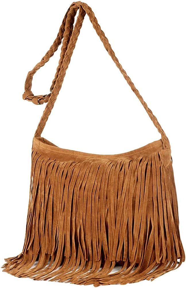 Goclothod Women Hippie Fringe Tassel Suede Hobo Shoulder Bag Vintage Messenger Crossbody Handbag | Amazon (US)