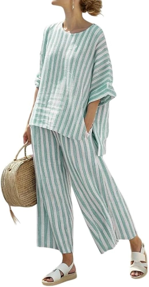 Women's Cotton Linen Sets 2 Piece Striped Outfits Short Sleeve Top and Wide Leg Pants Set with Po... | Amazon (US)