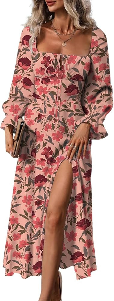 BLENCOT Women's Floral Print Puff Long Sleeve Maxi Dress Sexy Square Neck Tie Front Ruffle Hem Sp... | Amazon (US)