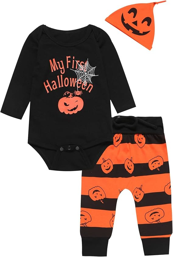 Baby Boy My First Halloween Outfit Pumpkin Long Sleeve Pants Set | Amazon (US)