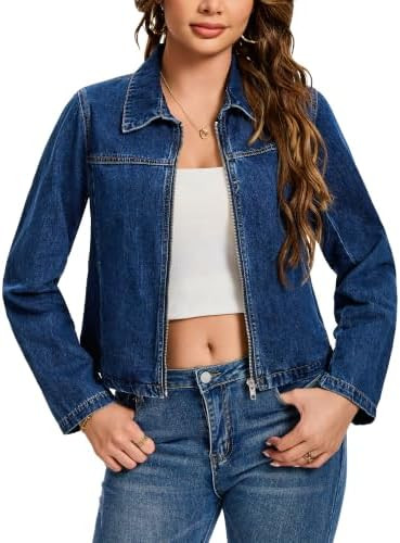Women's Denim Jacket Lightweight Bomber Long Sleeve Zip Up Collar with Pockets Jean Jackets | Amazon (US)