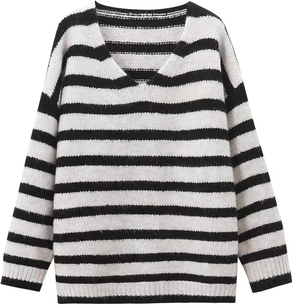 Women's V-Neck Striped Loose Drop Shoulder Long Sleeve Knit Pullover Sweater | Amazon (US)