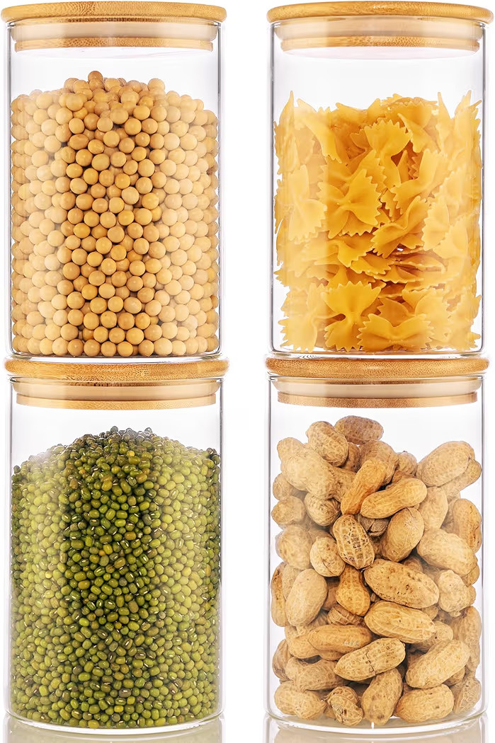 32oz - 4 Pack Glass Jars with Bamboo Lids, Glass Pantry Storage Containers with Airtight Lids, Ro... | Amazon (US)