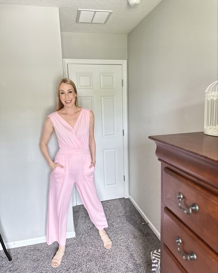 Pink summer jumpsuit 
💞 such a comfortable outfit 
💓 wearing size small, fits true to size 
💗 has a lot of stretch and wide legs 

#LTKfindsunder50 #LTKtravel #LTKworkwear