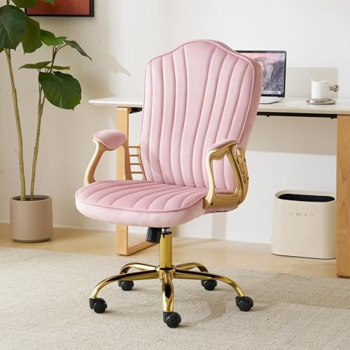 cayglow Velvet Home Office Chair with Gold Arms and Legs, Comfortable Upholstered Tufted Swivel Desk Chair Comfy with Wheels for Girls Women Study Bedroom Living Room, Pink | Amazon (US)