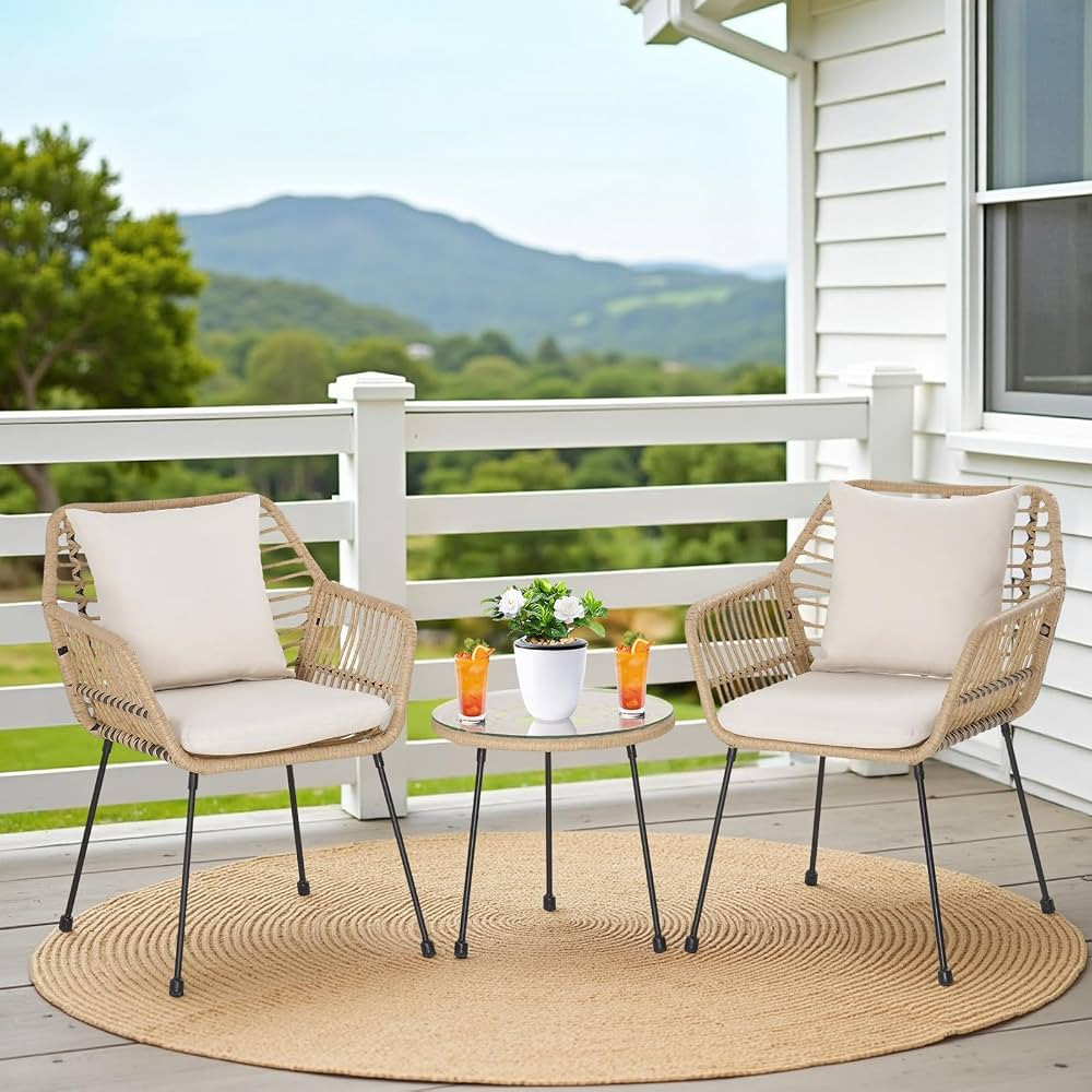 3 Piece Patio Bistro Set, Outdoor Wicker Apartment Balcony Furniture Set with 2 Rattan Chairs and... | Amazon (US)