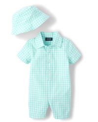Baby Boys Dad And Me Gingham Romper Outfit Set - mellow aqua | The Children's Place