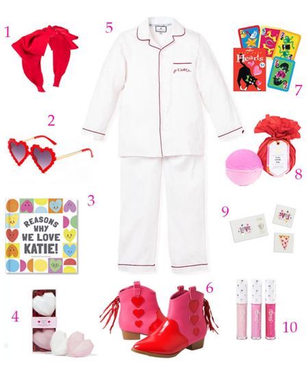 I love to spoil the littlest loves of my life on Valentines Day. Here are some cute options sure to delight them on this special holiday!
1. Bow Headband, $3.80
2. Heartbreaker Sunglasses, $26
3. Personalized Book, $29
4. Heart Sidewalk Chalk Set, $25
5. Je T’adore Pajamas, $68
6. Miss Dallas Cowboy Boots, $80
7. eeBoo Hearts Playing Cards, $8
8. You are loved bath bomb, $6.40
9. Love Notes Temporary Tattoos, $3
10. Snow Glowed Lip Gloss Trio, 

#valentinesday #valentinesdaygifts #valentinesdaygiftguide #kidgifts #kidgiftidea #kidvalentines 

#LTKGiftGuide #LTKunder50 #LTKkids