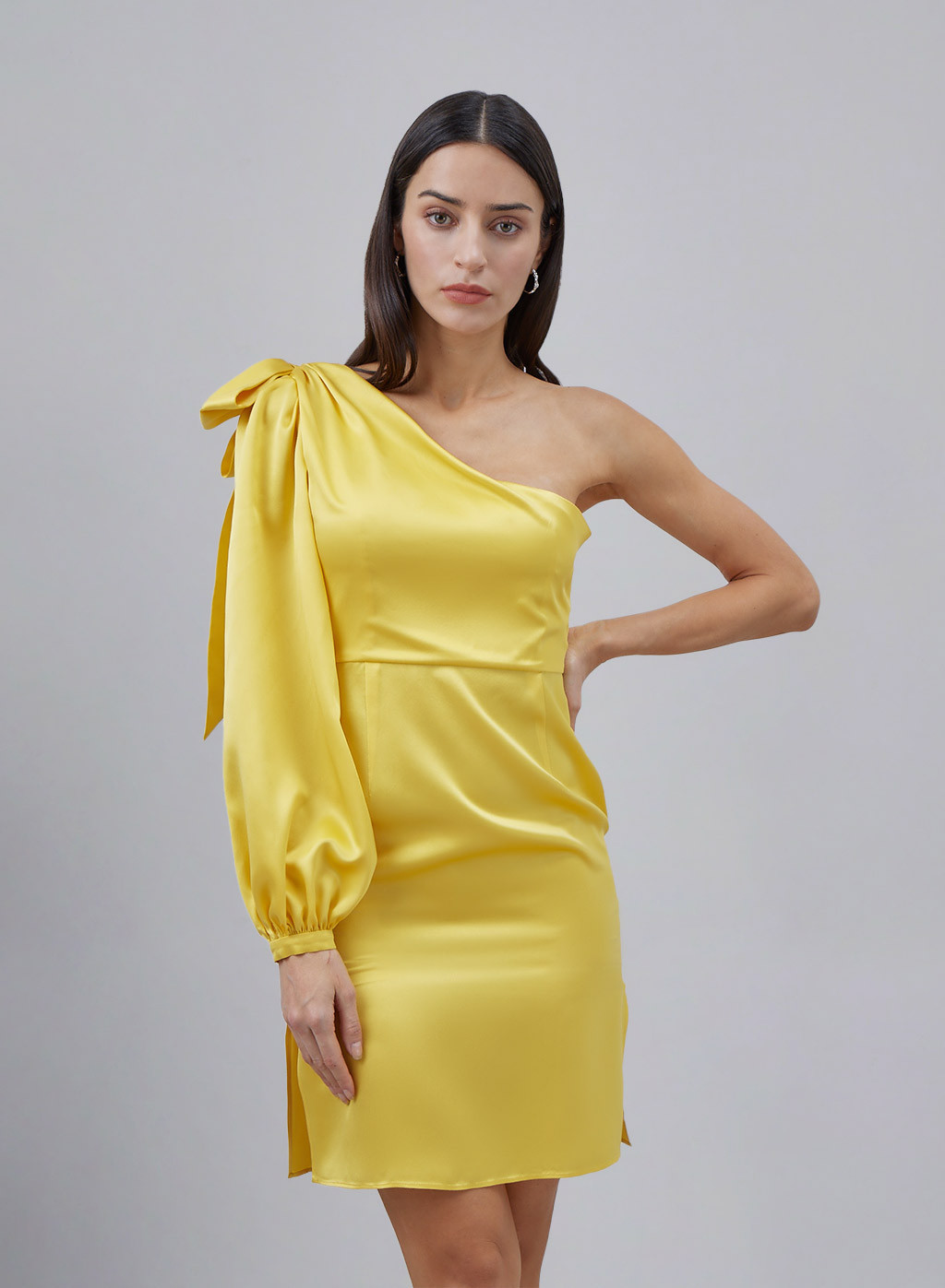 One-shoulder Bowknot Silk Midi Dress | Silk Maison