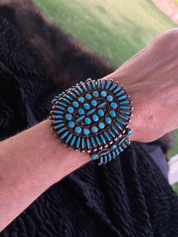 Large Sterling Silver Turquoise Zuni Style Petit Point Cuff - Etsy | Etsy (US)