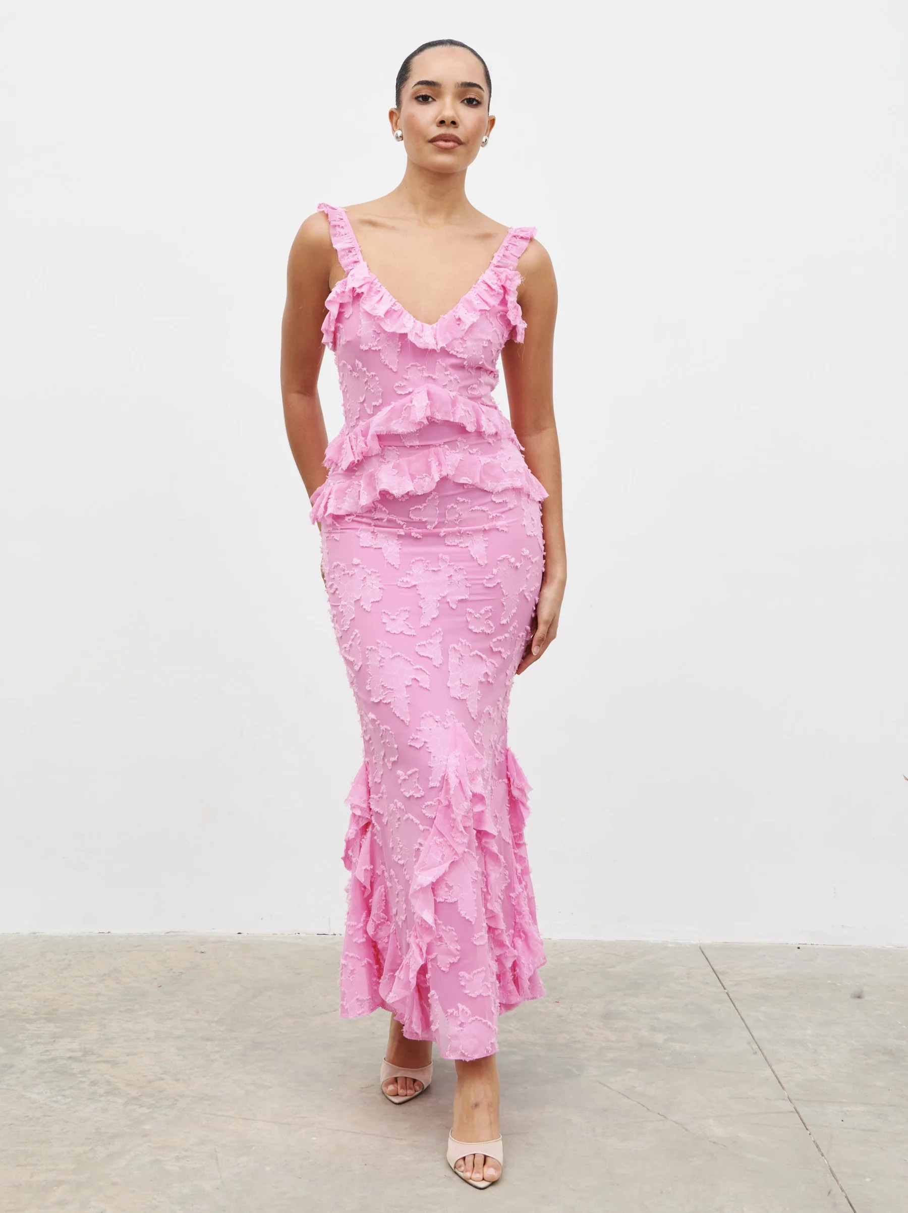Helena Ruffle Jacquard Maxi Dress | Pretty Lavish (UK)