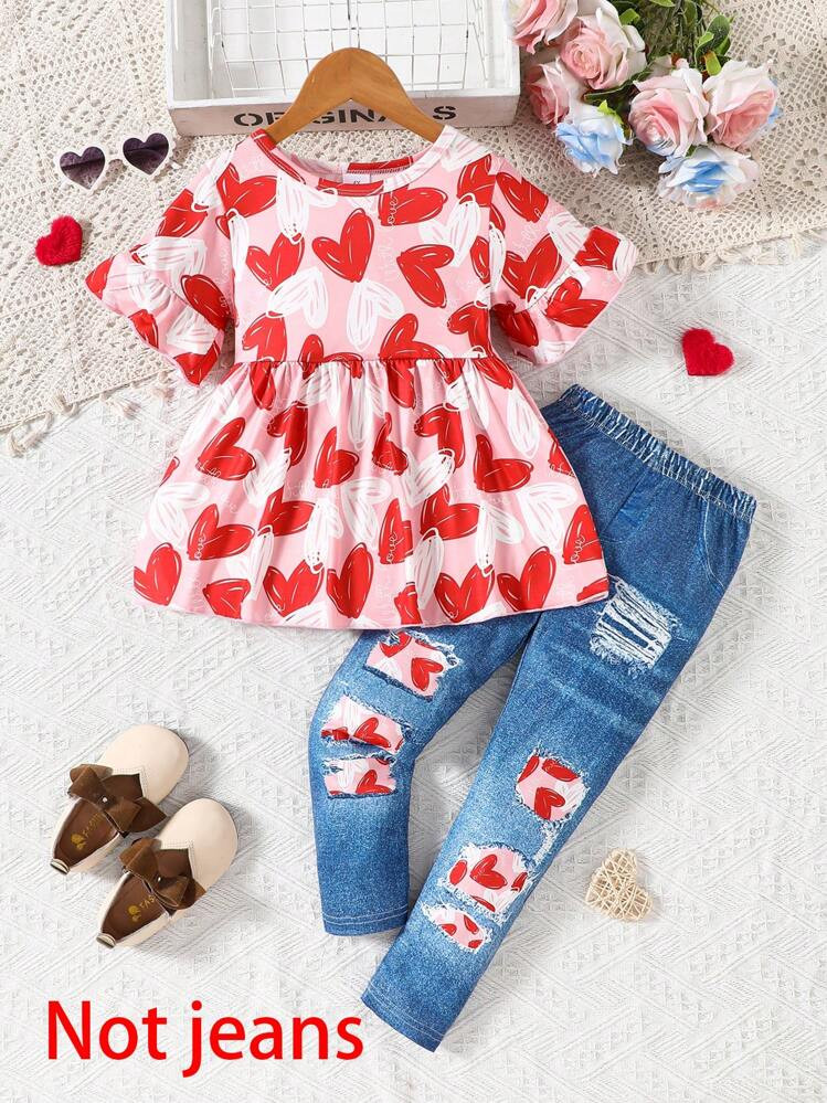 2pcs Girls Casual Valentine's Day Graffiti Heart Printed Soft Knit Short Sleeve Dress & Denim Loo... | SHEIN