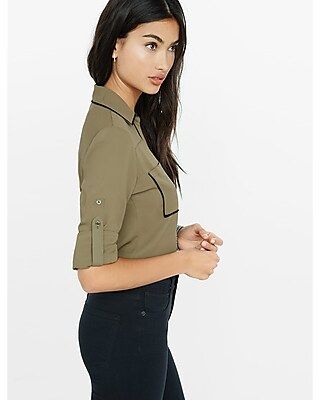 Express Womens Slim Fit Olive Contrast Piping Portofino Shirt | Express