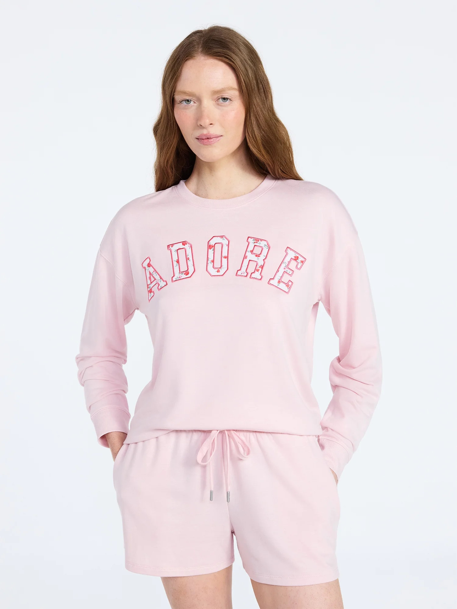 Joyspun Women's French Terry Long Sleeve Top and Shorts Lounge Set, 2-Piece, Sizes XS-3X | Walmart (US)