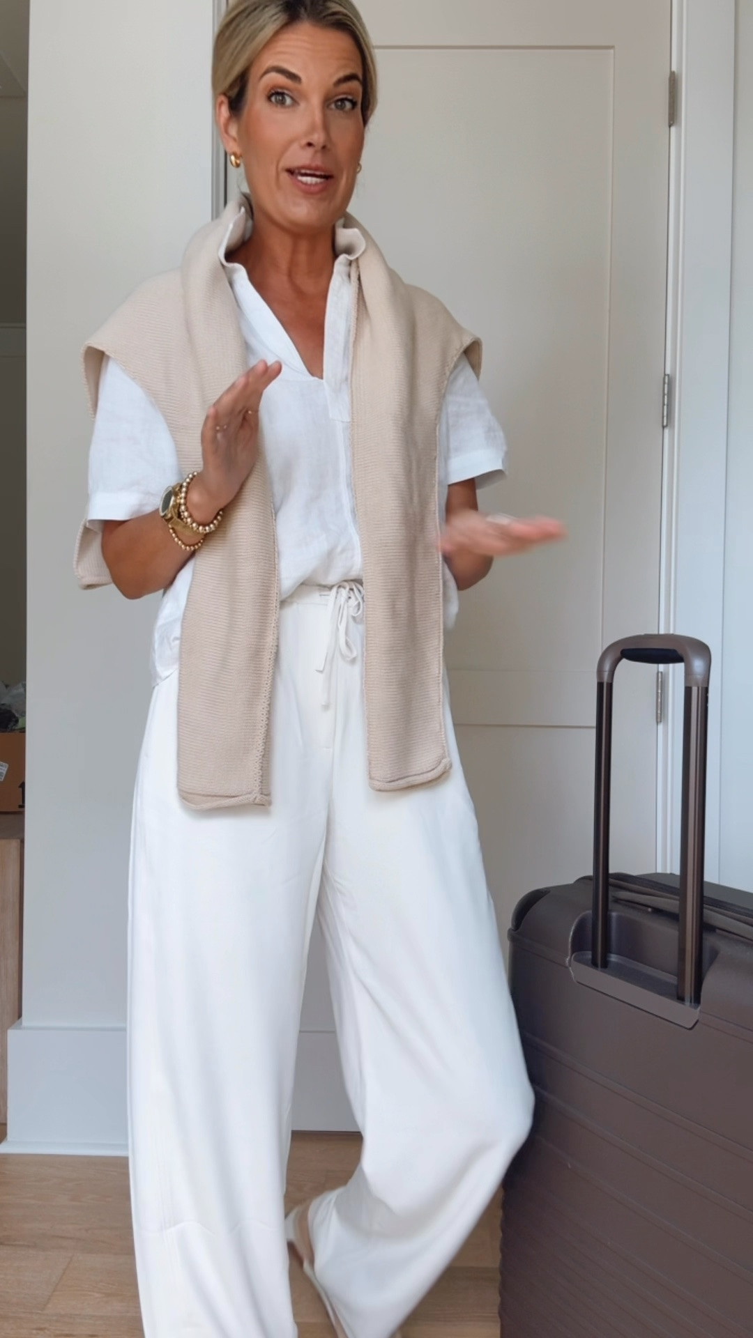 Wrinkle resistant material. I am 5’11” in size small tall.  On the spanx site use new customer code RACHELXSPANX for 15% off and free shipping.  Small top. If between sizes on the shoe size up.  Travel outfit.  Tall friendly.

#LTKSaleAlert #LTKOver40 #LTKTravel