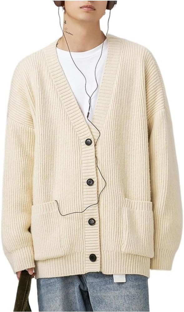 POHADON Mens Cardigan Sweater Button Down Long Sleeve V Neck Cable Knit Sweaters Japanese Streetw... | Amazon (US)