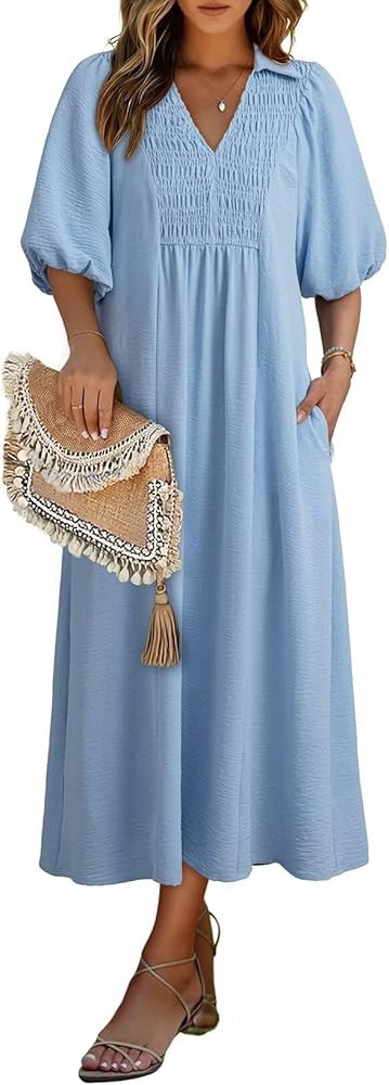 Dokotoo Summer Dresses for Women 2026 Casual Dresses V Neck Puff Sleeve Empire Waist A-Line Maxi ... | Amazon (US)
