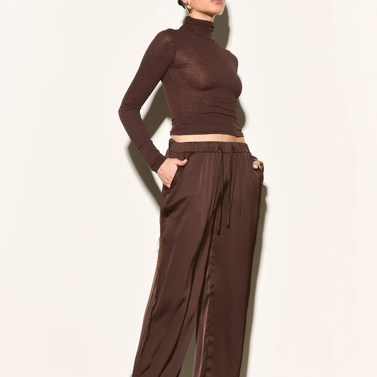 ARELA Brown Satin Trousers | Noughts and Kisses