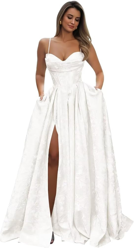 Satin Spaghetti Straps Prom Dresseses for Women Jacquard Aline Backless Formal Evening Party Ball... | Amazon (US)