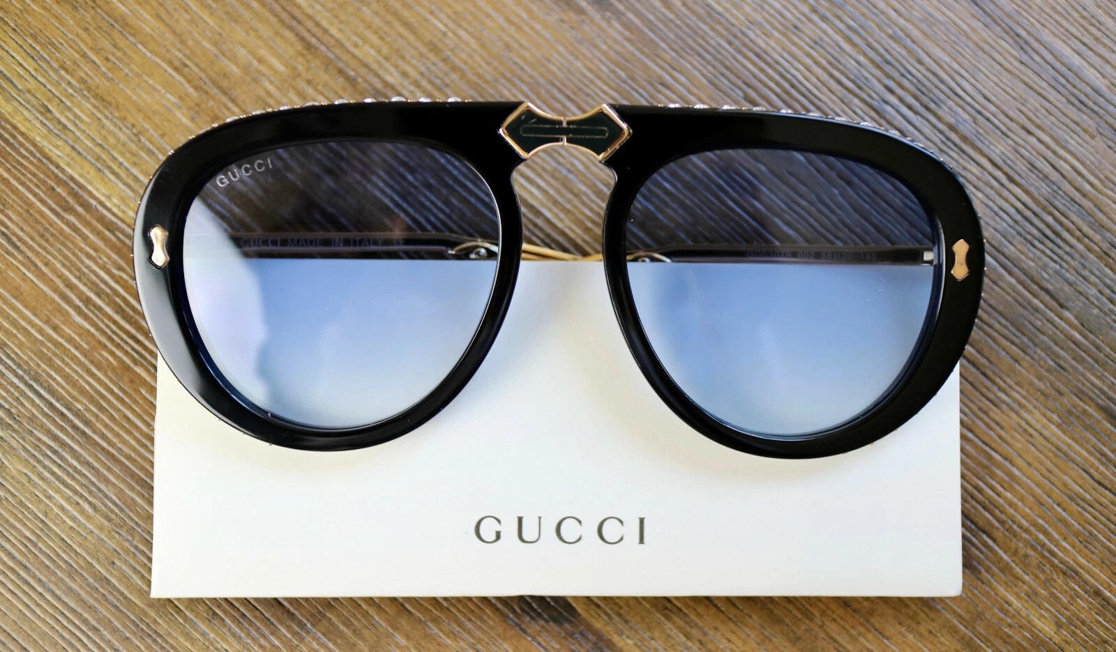 Gucci GG0307S 56mm Foldable Aviator Sunglasses in Black w.Crystals and Blue Lens | eBay | eBay US