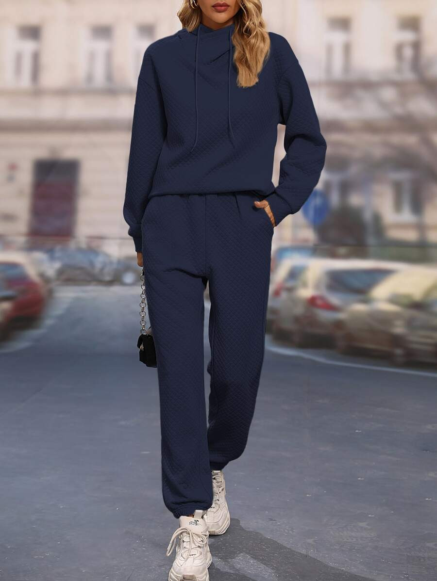 HomeWomen ClothingWomen Co-ordsWomen Two-piece OutfitsSolid Drawstring Hoodie & Slant Pocket Swea... | SHEIN