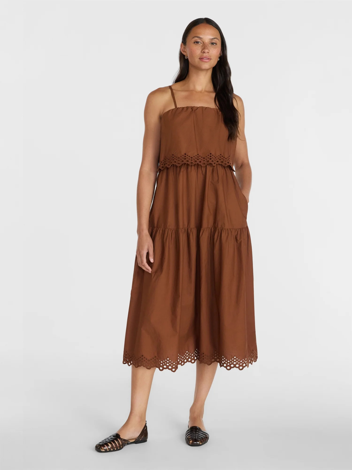 Time and Tru Women's and Women's Plus Sleeveless Cotton Midi Dress with Eyelet Trim, Sizes XS-4X | Walmart (US)
