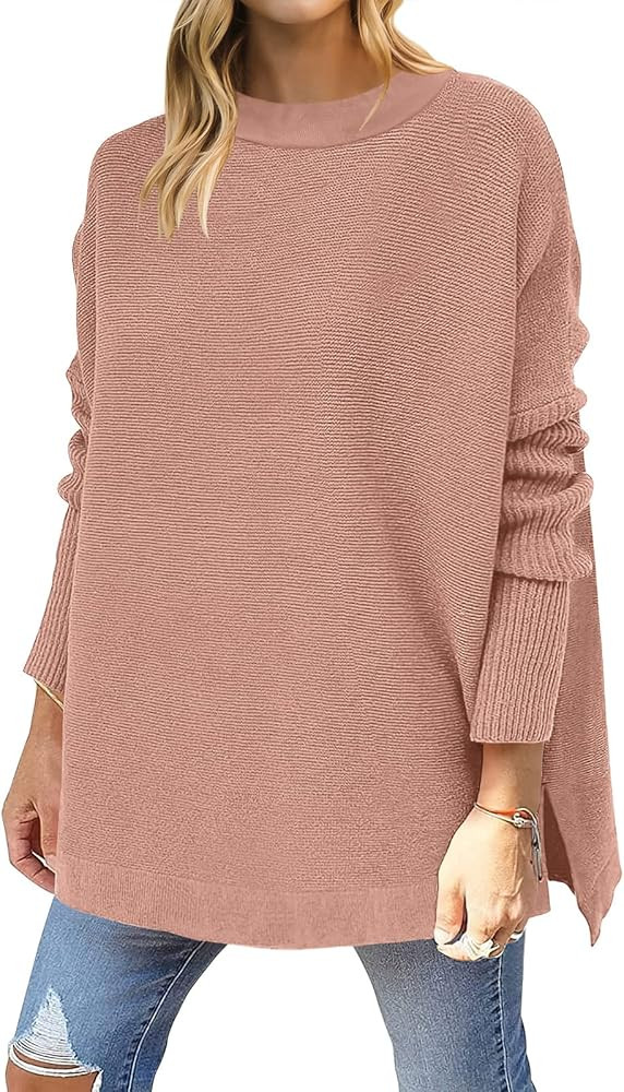 ANRABESS Women's Oversized Long Batwing Sleeve Round Neck Spilt High Low Hem Knit Tunic Pullover ... | Amazon (US)