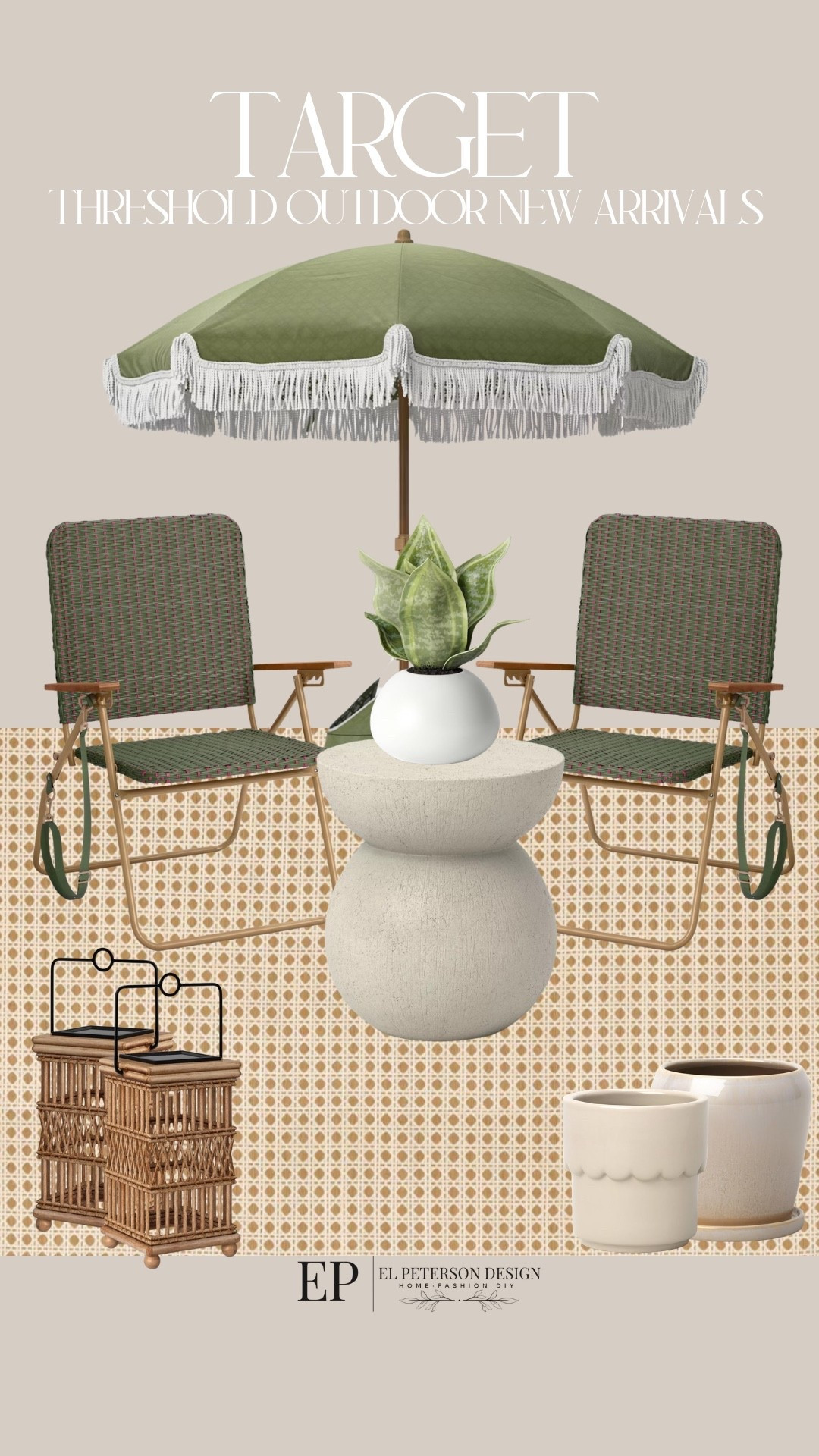 Target
New Threshold Outdoor Arrivals
Outdoor umbrella
Outdoor beach chair
Outdoor accent table
Rug
Potted plant
Planters
Lantern 

#LTKHome