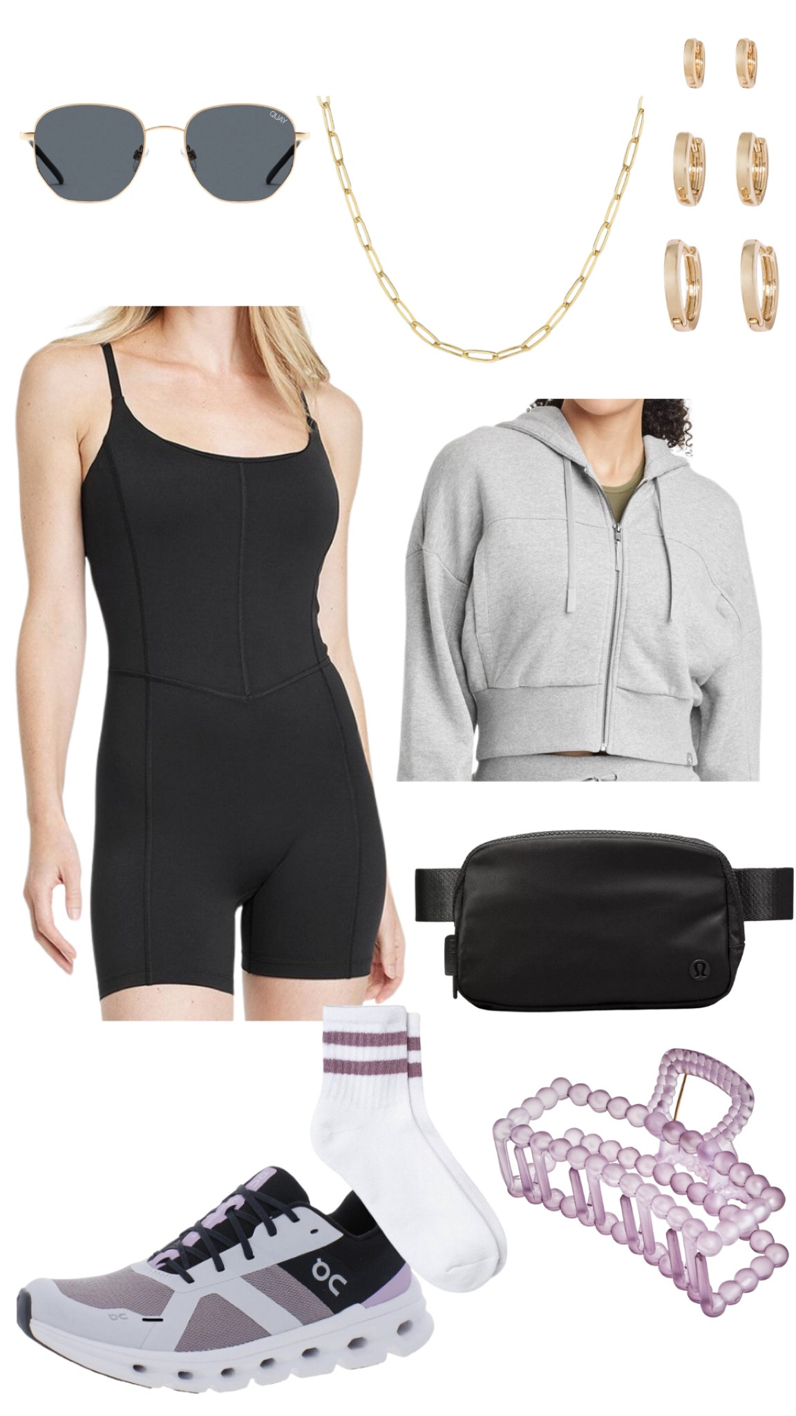 Target style, active romper, grey zip up, matching sweat set, workout outfit, hot girl walk, lululemon belt bag, on cloud sneakers, gold jewelry, ankle socks, target activewear, claw clip, hair accessories, quay sunglasses 

#LTKstyletip #LTKfitness #LTKSeasonal