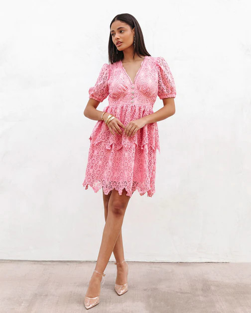 Always The One Crochet Lace Tiered Mini Dress - Pink | VICI
