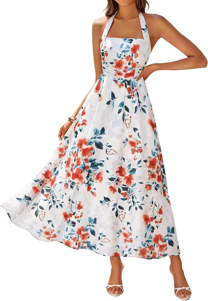 ZESICA Women's Summer Floral Halter Midi Dress 2026 Sleeveless Off Shoulder High Waist Flowy Casu... | Amazon (US)