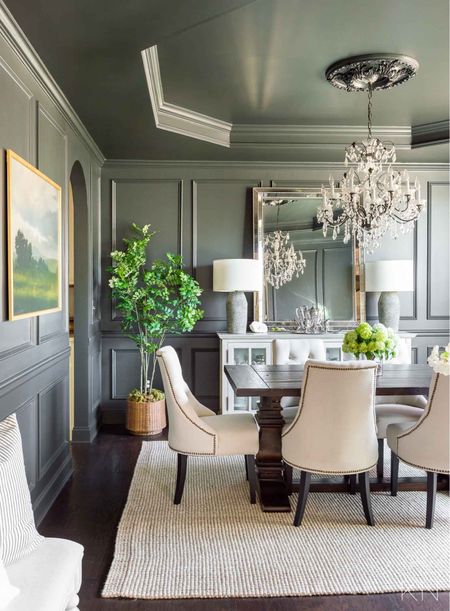 I’ve added pops of green to my Iron Ore dining room that features picture frame moulding boxes. home decor dining room decor landscape art cement lamp crystal chandelier dining chair faux leafy tree snowball centerpiece jute rug

#LTKstyletip #LTKhome