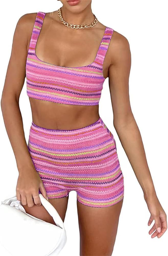Fernvia Womens Sexy Bodycon Crochet Knitted 2 Piece Outfits Summer Crop Tops Short Pants Skirts Sets | Amazon (US)