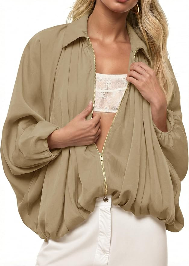Womens Bomber Jackets Oversized Batwing Sleeve Zip Up Puffed Jacket Lapel Collar Pleated Outerwea... | Amazon (US)
