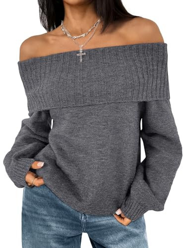 LILLUSORY Off The Shoulder Sweater Womens Fall Oversized Cute Casual Loose Knit Chunky Pullover Sweaters Going Out Long Sleeve Top 2025 Winter Trendy Cozy Fashion Outfit Clothes for Girls Dgrey M | Amazon (US)