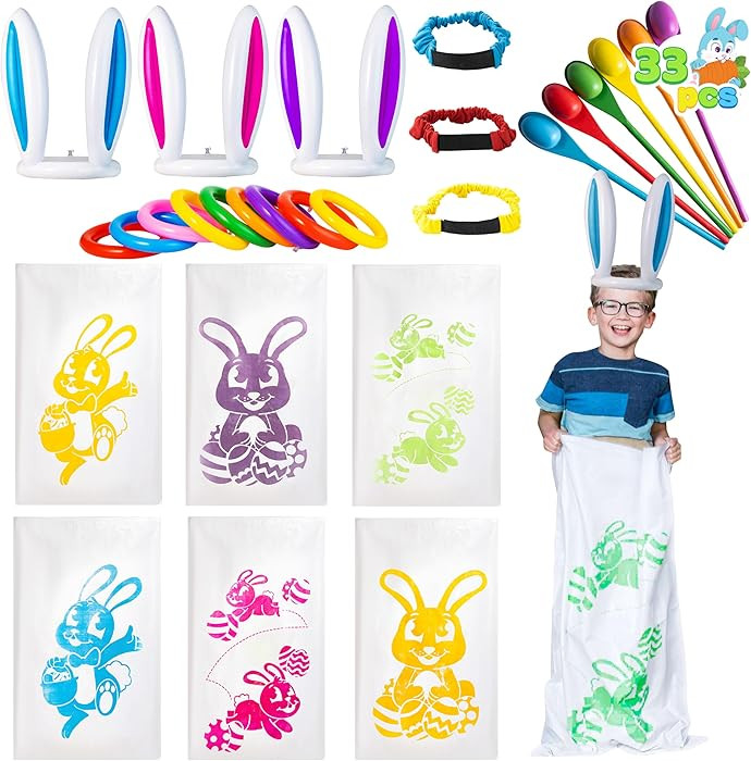 JOYIN 33 bolsas de salto de patatas de Pascua, cuchara y carrera de huevos, bandas de carreras de... | Amazon (US)
