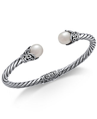 Cultured Freshwater Pearl (8mm) Filigree Bangle Bracelet in Sterling Silver - Macy's | Macy's