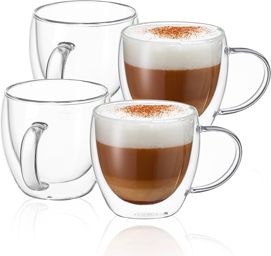 CNGLASS 8.5oz Glass Coffee Mugs,Double Wall Insulated Glass Mugs with Handle,Clear Espresso Mugs ... | Amazon (US)