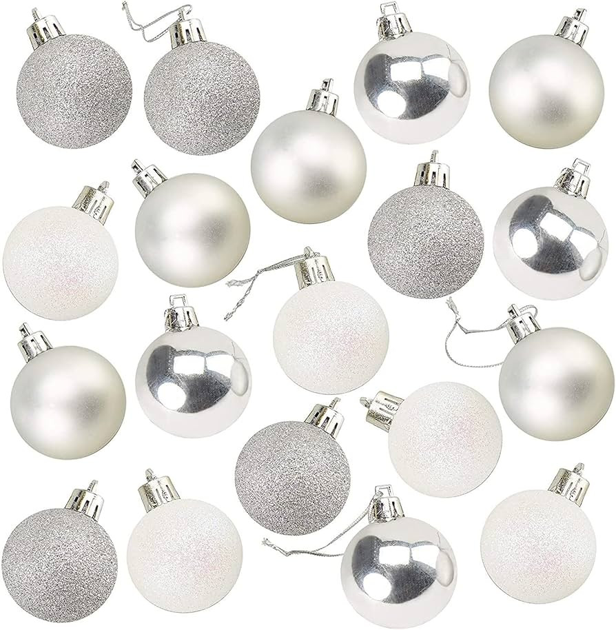 Mini Shatterproof Glitter Christmas Tree Ball Ornaments (Silver, White, 1.5 in, 48 Pack) | Amazon (US)