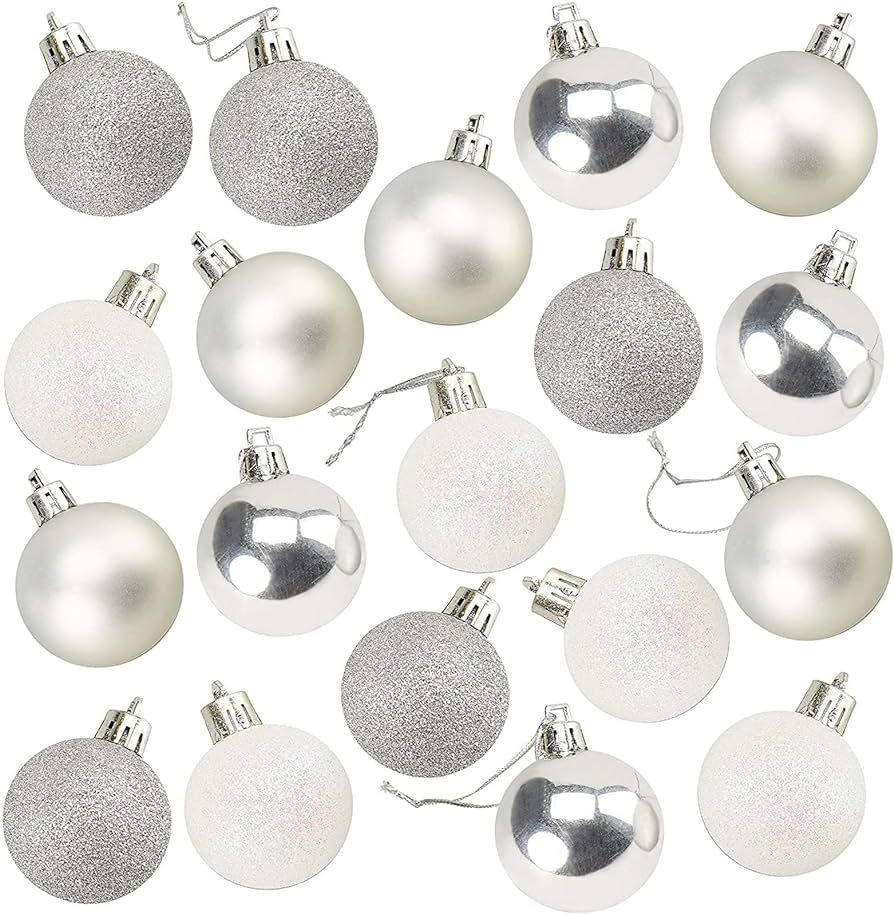 Mini Shatterproof Glitter Christmas Tree Ball Ornaments (Silver, White, 1.5 in, 48 Pack) | Amazon (US)