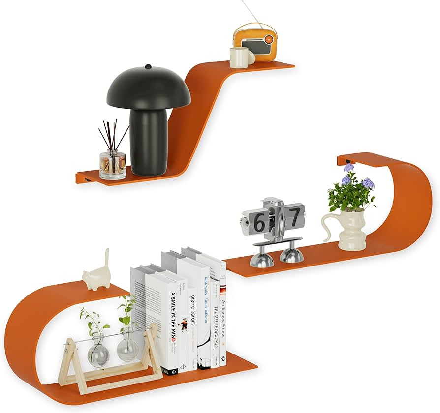 Orange Floating Shelves Set of 3, Orange Metal Decor, Unique Mounted Floating Shelf, Modern Long ... | Amazon (US)