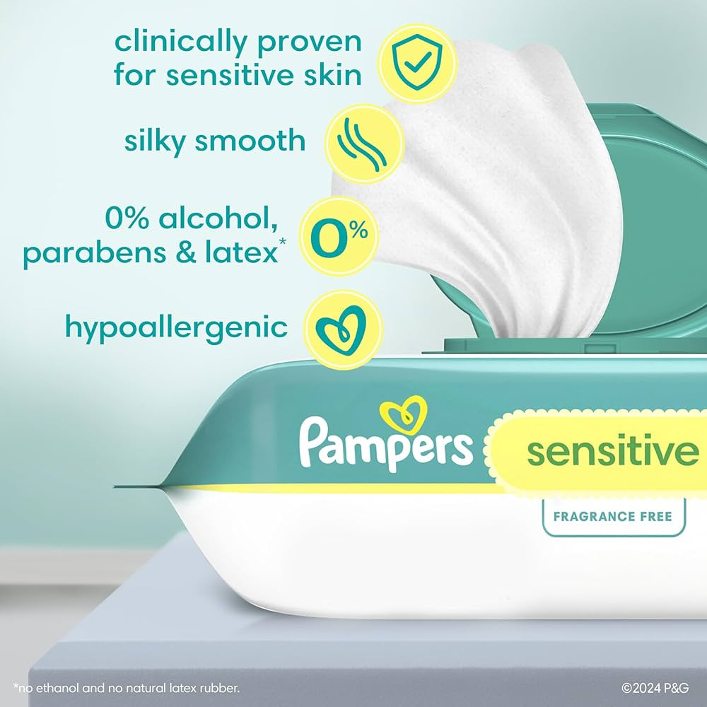 Pampers Sensitive Baby Wipes, Water Based, Hypoallergenic and Unscented, 4 Flip-Top Packs (336 Wi... | Amazon (US)