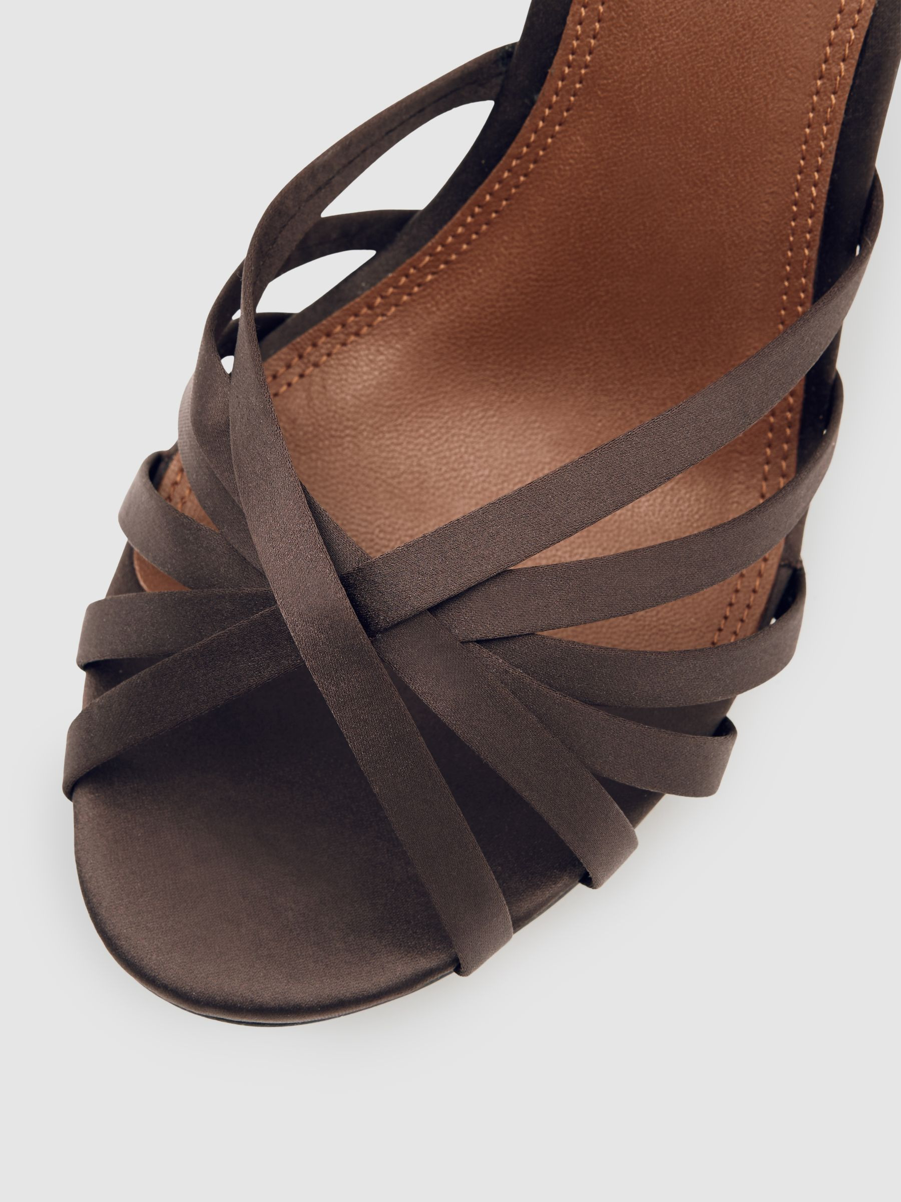 Satin Cross-Strap Heeled Sandals in Chocolate | Reiss UK