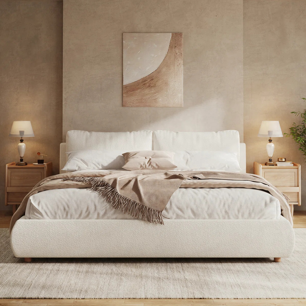 King Size Upholstered Platform Bed with Two Removable Pillow Headboard,Boucle Fabric,White | Wayfair North America