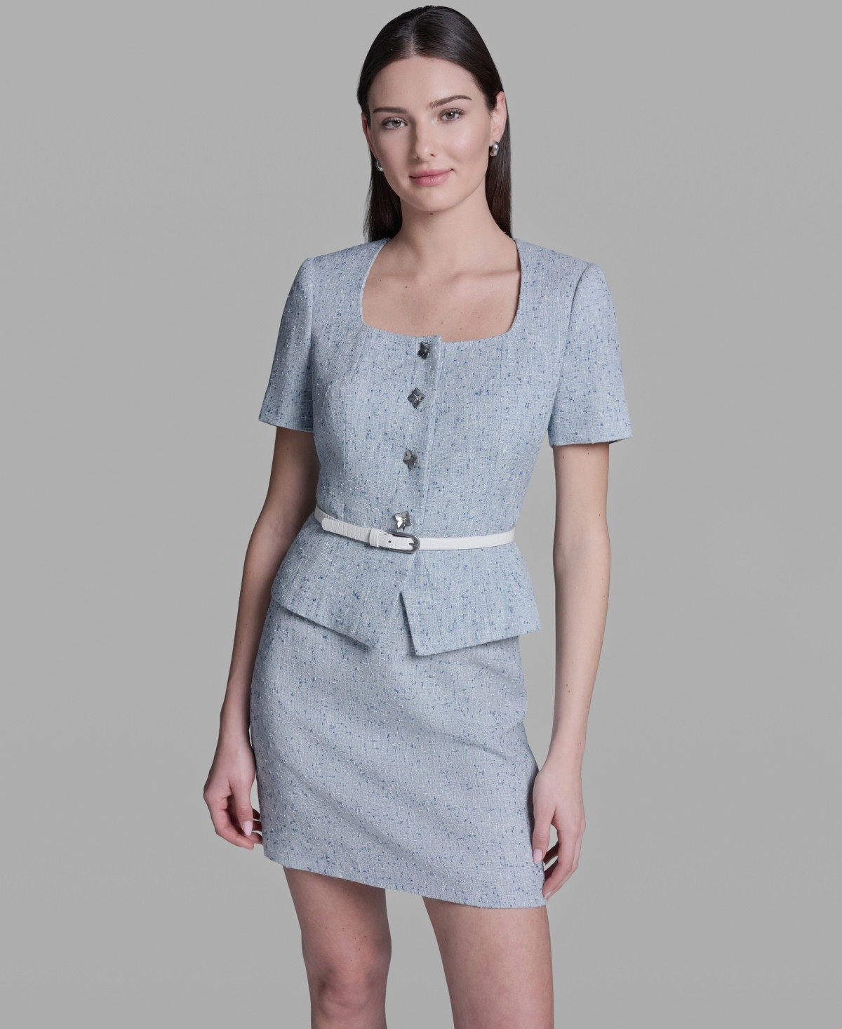 Bcbg Women's Square Neck Belted Jacket - Light Coastal Muse Multi | Macy's