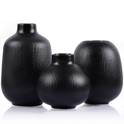 Black Ceramic Vase Set of 3, Minimalist Decor, Home Decorative Vase, Modern Ribbed Vases, Black Vase Set for Kitchen, Bedroom, Office, Living Room, Bathroom, & Shelf Centerpiece Table Decoration | Amazon (US)