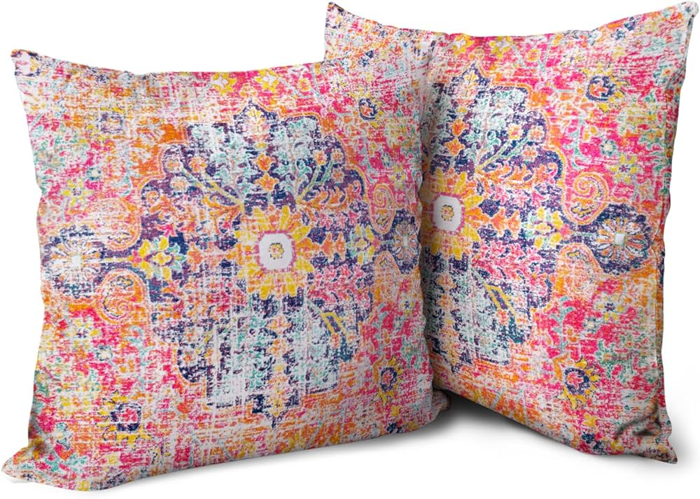 Boho Pink Throw Pillow Covers 18x18 inch Set of 2, Coral Floral Carpet Double Sided Pattern Soft ... | Amazon (US)