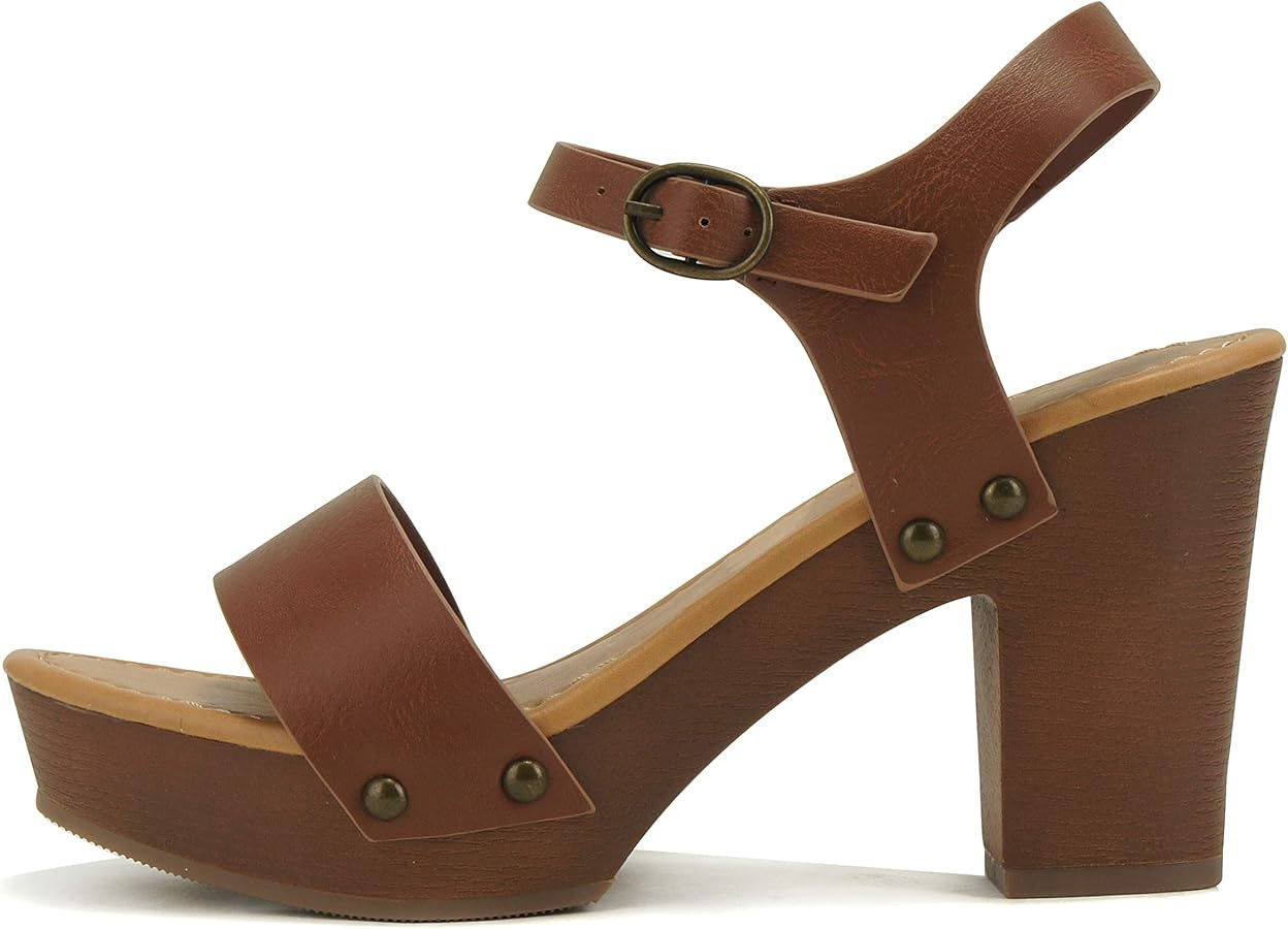 Soda CHIVAS ~ Women's Bold Buckles Studded Wedge Sandal | Amazon (US)