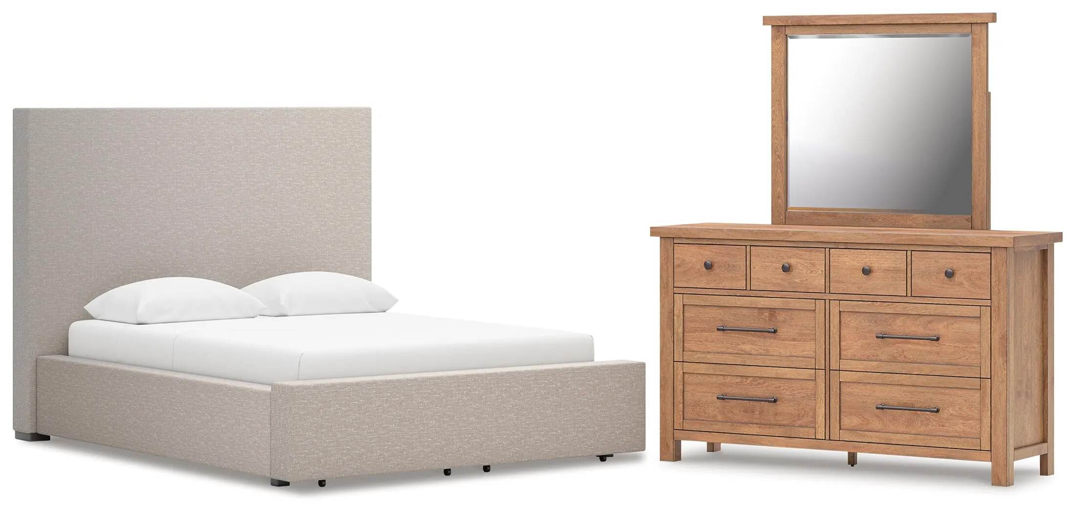 Kristiland Queen Upholstered Storage Bed with Mirrored Dresser, Light Brown | Ashley