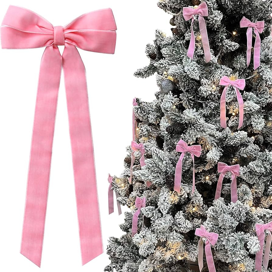 12Pcs Pink Velvet Bows Christmas Tree Decorations,5in x 10in Xmas Ornaments for Tree Home Coquett... | Amazon (US)
